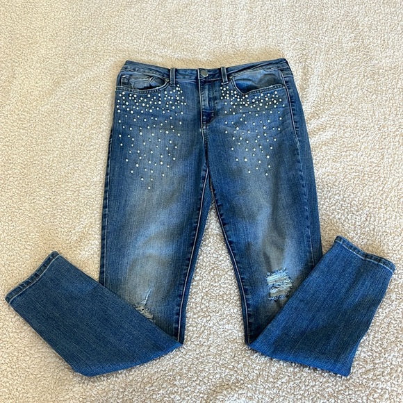Seven7 Mid Rise Skinny Jeans Women’s Size 10 With Ripped Knees And Faux Pearls - Picture 2 of 6